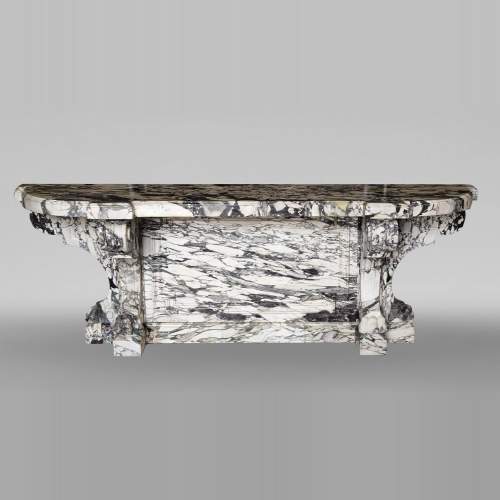 Large Napoleon III style console table in Brèche Violette marble with lion-paw feet.