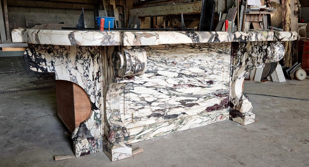 Large Napoleon III style console table in Brèche Violette marble with lion-paw feet.-2