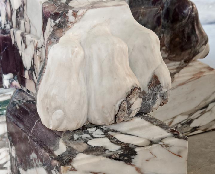 Large Napoleon III style console table in Brèche Violette marble with lion-paw feet.-7