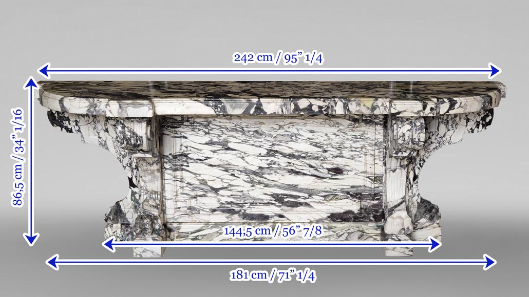 Large Napoleon III style console table in Brèche Violette marble with lion-paw feet.-9
