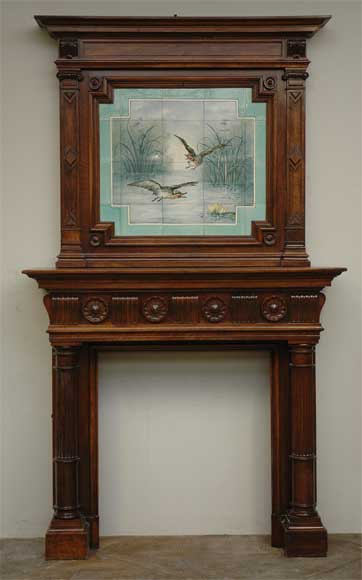 Antique walnut mantel with ceramic from the 19th century Antique walnut mantel with ceramic from the 19th century-0