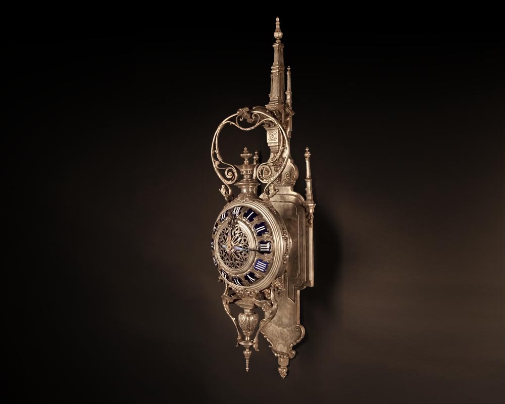 MARCHAND Léon and PIAT Frédéric-Eugène, Elegant silvered bronze and enamel cartel clock in the neo-Gothic style MARCHAND Léon and PIAT Frédéric-Eugène, Elegant silvered bronze and enamel cartel clock in the neo-Gothic style-0