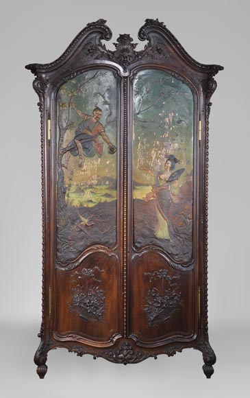 Antique Louis XV style carved walnut wardrobe with painted Japanese style decor Antique Louis XV style carved walnut wardrobe with painted Japanese style decor-0