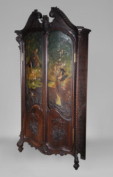 Antique Louis XV style carved walnut wardrobe with painted Japanese style decor Antique Louis XV style carved walnut wardrobe with painted Japanese style decor-1