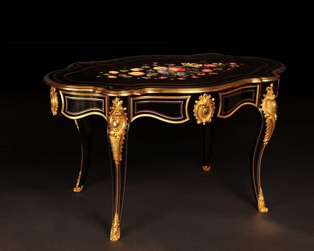 Julien-Nicolas RIVART (1802-1867) - Louis XV style table in ebonized pear wood inlaid with porcelain marquetry Julien-Nicolas RIVART (1802-1867) - Louis XV style table in ebonized pear wood inlaid with porcelain marquetry-0