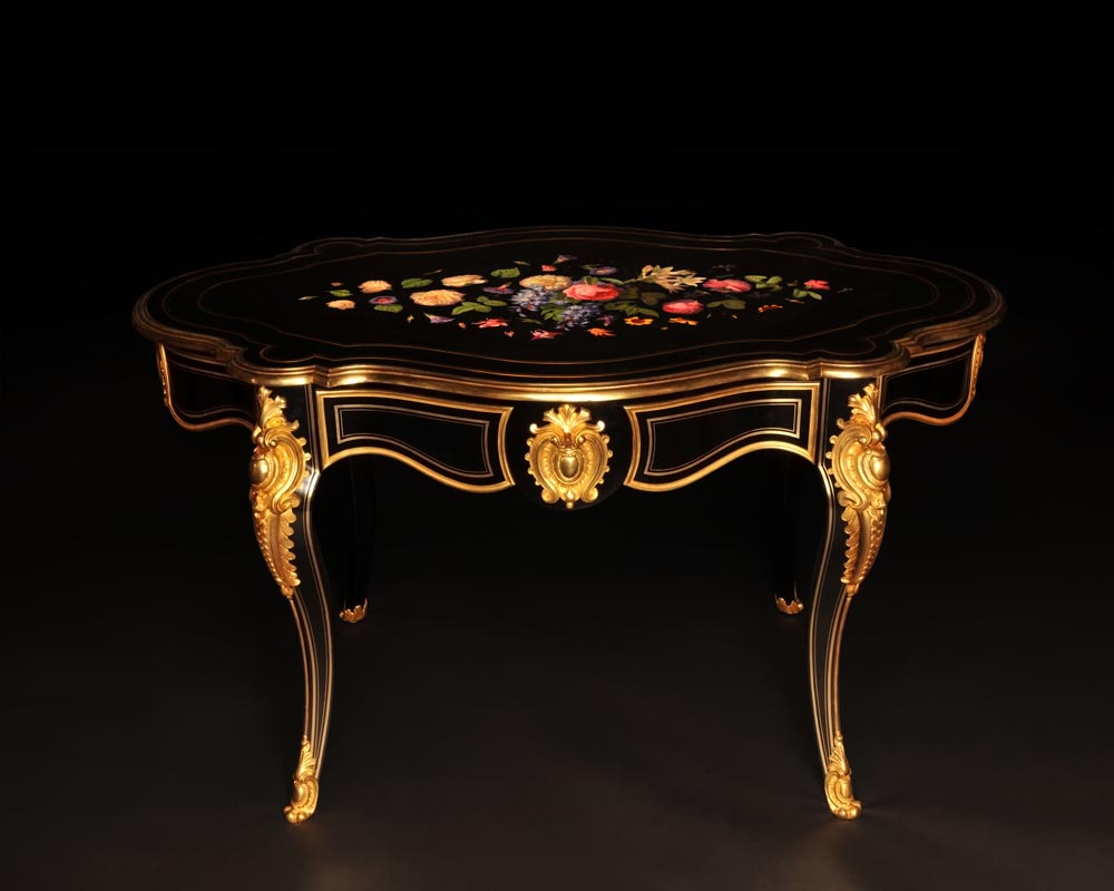 Julien-Nicolas RIVART (1802-1867) - Louis XV style table in ebonized pear wood inlaid with porcelain marquetry Julien-Nicolas RIVART (1802-1867) - Louis XV style table in ebonized pear wood inlaid with porcelain marquetry-1