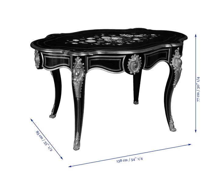 Julien-Nicolas RIVART (1802-1867) - Louis XV style table in ebonized pear wood inlaid with porcelain marquetry Julien-Nicolas RIVART (1802-1867) - Louis XV style table in ebonized pear wood inlaid with porcelain marquetry-4