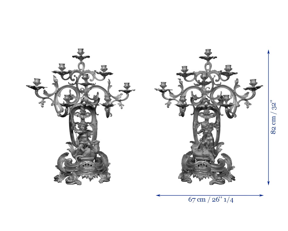 Henri HOUDEBINE and DEMAY « Cherubs on the hunt » Pair of candelabras presented at the Universal Exhibition of 1855 Henri HOUDEBINE and DEMAY « Cherubs on the hunt » Pair of candelabras presented at the Universal Exhibition of 1855-7