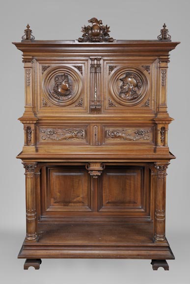 Neo-Renaissance style carved walnut credenza with profiles of costumed characters Neo-Renaissance style carved walnut credenza with profiles of costumed characters-0