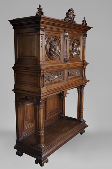 Neo-Renaissance style carved walnut credenza with profiles of costumed characters Neo-Renaissance style carved walnut credenza with profiles of costumed characters-1