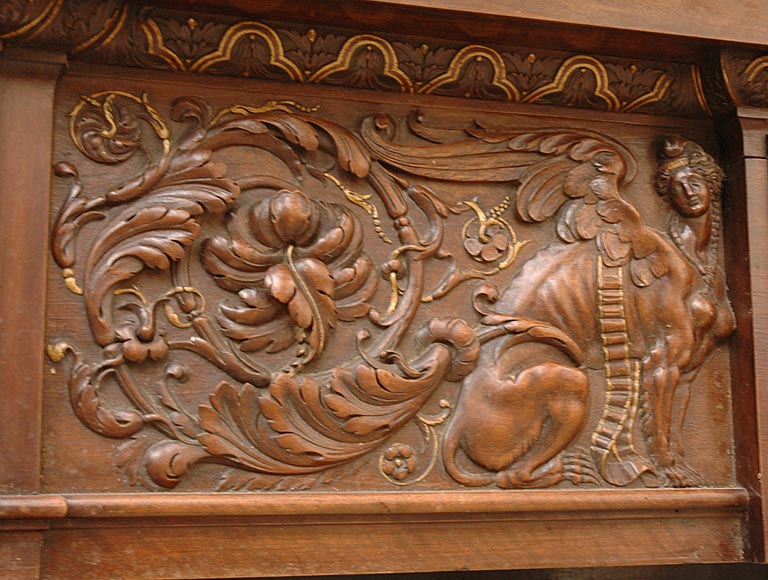 Antique Neo-Renaissance style walnut mantelpiece With Diane de Poitiers coat of arms after the monumental fireplace coming from the Chateau of Villeroy and exhibited at the Louvre Museum Antique Neo-Renaissance style walnut mantelpiece With Diane de Poitiers coat of arms after the monumental fireplace coming from the Chateau of Villeroy and exhibited at the Louvre Museum-3