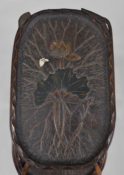 DAÏ NIPPON - Japanese style bamboo tea table with engraved and lacquered decor DAÏ NIPPON - Japanese style bamboo tea table with engraved and lacquered decor-3