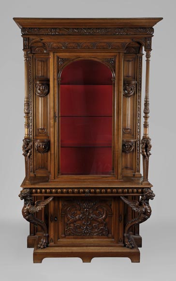 BELLANGER, cabinetmaker - Neo-Renaissance style display cabinet made out of carved walnut with chimeras decor BELLANGER, cabinetmaker - Neo-Renaissance style display cabinet made out of carved walnut with chimeras decor-0