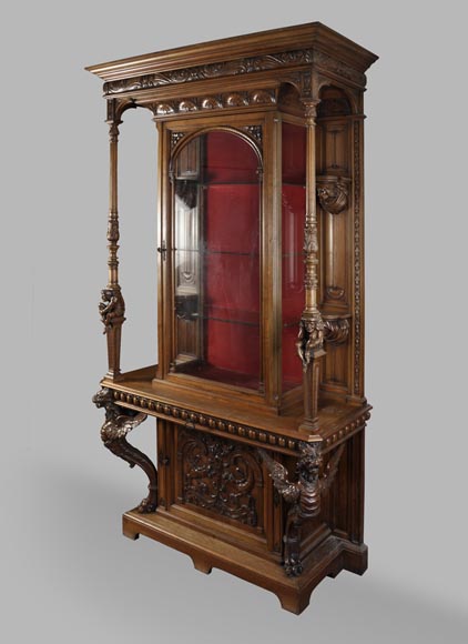 BELLANGER, cabinetmaker - Neo-Renaissance style display cabinet made out of carved walnut with chimeras decor BELLANGER, cabinetmaker - Neo-Renaissance style display cabinet made out of carved walnut with chimeras decor-1