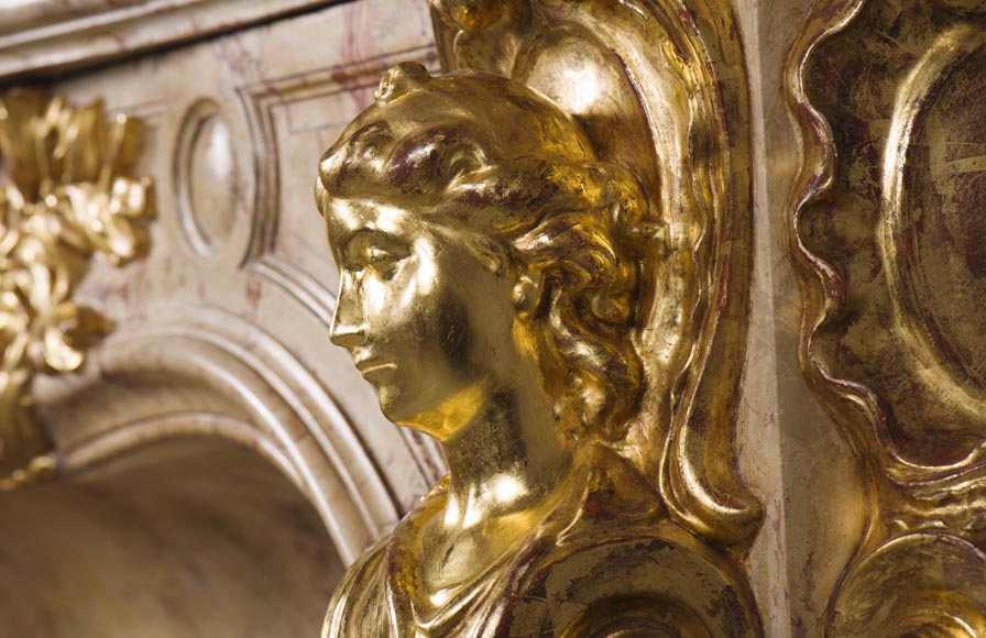 Prestigious antique fireplace in Scagliola as Sarrancolin Fantastico marble made after the fireplace of the Council Room at the Palace of Versailles Prestigious antique fireplace in Scagliola as Sarrancolin Fantastico marble made after the fireplace of the Council Room at the Palace of Versailles-11