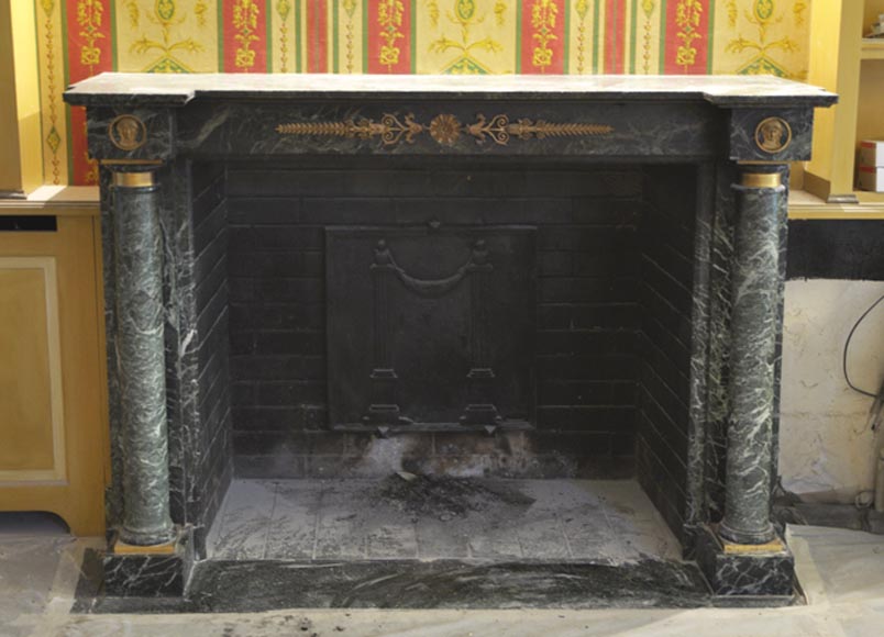 Beautiful antique Empire style fireplace in Sea Green marble with bronze ornaments Beautiful antique Empire style fireplace in Sea Green marble with bronze ornaments-0