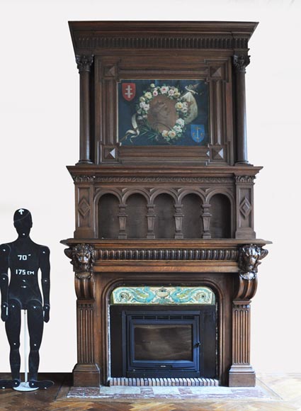 Monumental oak wood fireplace with painting on canvas depicting Joan of Arc Monumental oak wood fireplace with painting on canvas depicting Joan of Arc-0