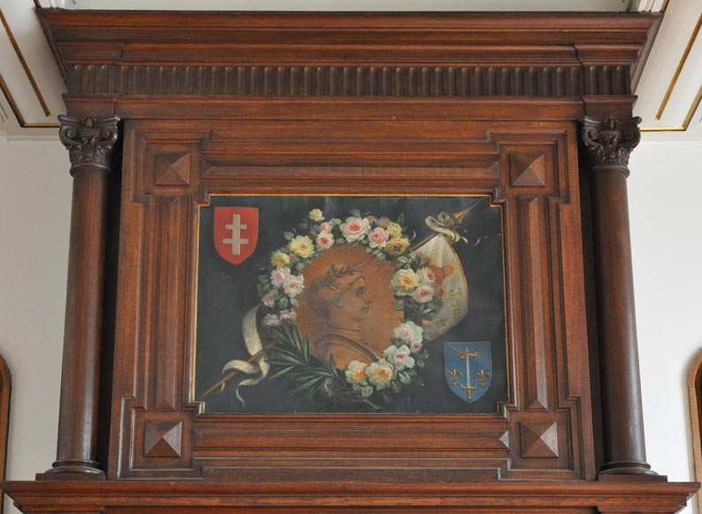 Monumental oak wood fireplace with painting on canvas depicting Joan of Arc Monumental oak wood fireplace with painting on canvas depicting Joan of Arc-2