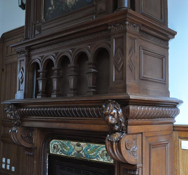 Monumental oak wood fireplace with painting on canvas depicting Joan of Arc Monumental oak wood fireplace with painting on canvas depicting Joan of Arc-6