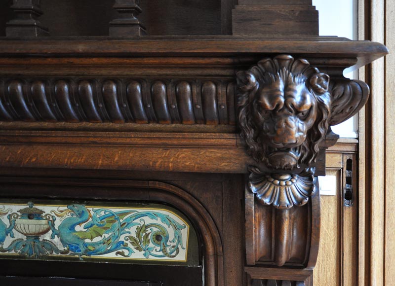 Monumental oak wood fireplace with painting on canvas depicting Joan of Arc Monumental oak wood fireplace with painting on canvas depicting Joan of Arc-8