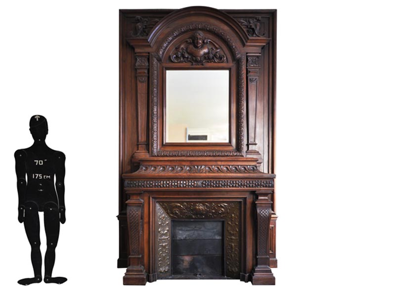 Large antique Napoleon III style fireplace in walnut wood Large antique Napoleon III style fireplace in walnut wood-0