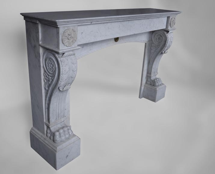 Antique Napoleon III style fireplace with lion's paws in Carrara marble Antique Napoleon III style fireplace with lion's paws in Carrara marble -2
