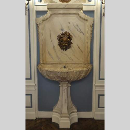 Beautiful antique interior fountain with its boiserie panel and oil on canvas painting