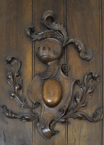 Large antique Neo-Renaissance style fireplace made out of carved walnut with Helm Knight decor Large antique Neo-Renaissance style fireplace made out of carved walnut with Helm Knight decor-1