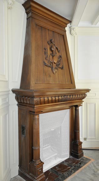 Large antique Neo-Renaissance style fireplace made out of carved walnut with Helm Knight decor Large antique Neo-Renaissance style fireplace made out of carved walnut with Helm Knight decor-3