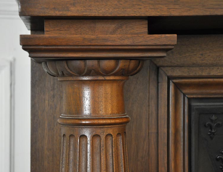 Large antique Neo-Renaissance style fireplace made out of carved walnut with Helm Knight decor Large antique Neo-Renaissance style fireplace made out of carved walnut with Helm Knight decor-5