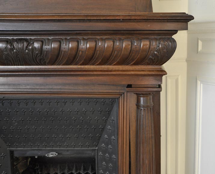 Large antique Neo-Renaissance style fireplace made out of carved walnut with Helm Knight decor Large antique Neo-Renaissance style fireplace made out of carved walnut with Helm Knight decor-8