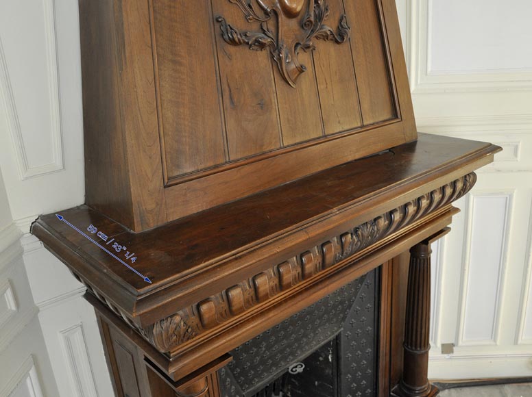 Large antique Neo-Renaissance style fireplace made out of carved walnut with Helm Knight decor Large antique Neo-Renaissance style fireplace made out of carved walnut with Helm Knight decor-10