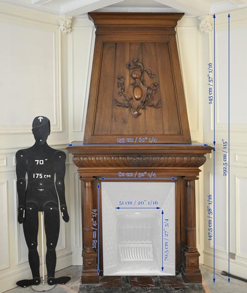 Large antique Neo-Renaissance style fireplace made out of carved walnut with Helm Knight decor Large antique Neo-Renaissance style fireplace made out of carved walnut with Helm Knight decor-11