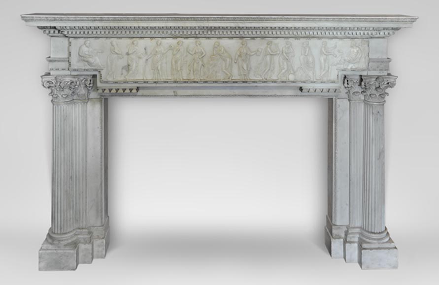 Exceptional antique late 18th century Statuary Carrara marble fireplace with a large frieze of figures after the ''Sarcophagus of Muses'' in the Louvre Museum-0