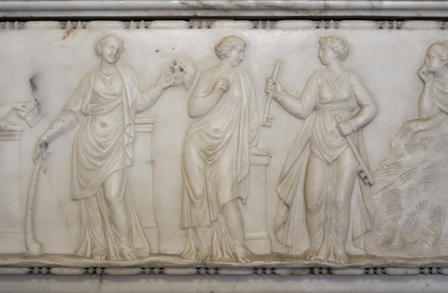 Exceptional antique late 18th century Statuary Carrara marble fireplace with a large frieze of figures after the ''Sarcophagus of Muses'' in the Louvre Museum-1