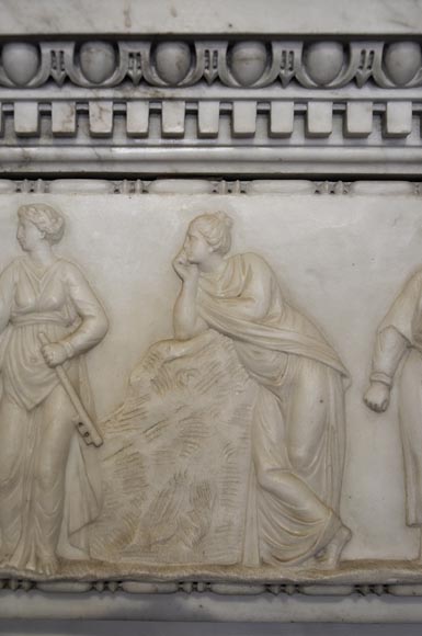 Exceptional antique late 18th century Statuary Carrara marble fireplace with a large frieze of figures after the ''Sarcophagus of Muses'' in the Louvre Museum-2