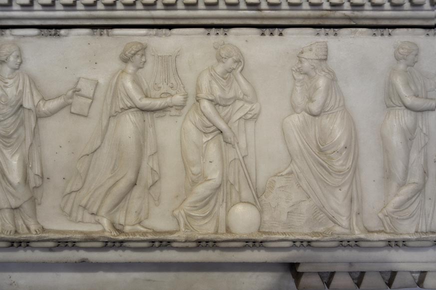 Exceptional antique late 18th century Statuary Carrara marble fireplace with a large frieze of figures after the ''Sarcophagus of Muses'' in the Louvre Museum-3