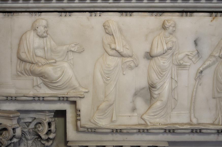 Exceptional antique late 18th century Statuary Carrara marble fireplace with a large frieze of figures after the ''Sarcophagus of Muses'' in the Louvre Museum-4
