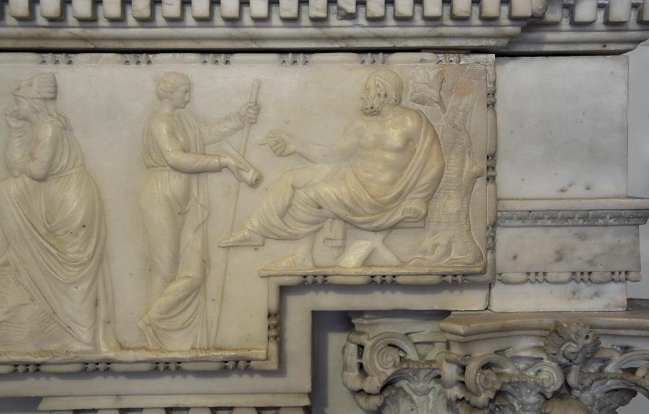 Exceptional antique late 18th century Statuary Carrara marble fireplace with a large frieze of figures after the ''Sarcophagus of Muses'' in the Louvre Museum-5