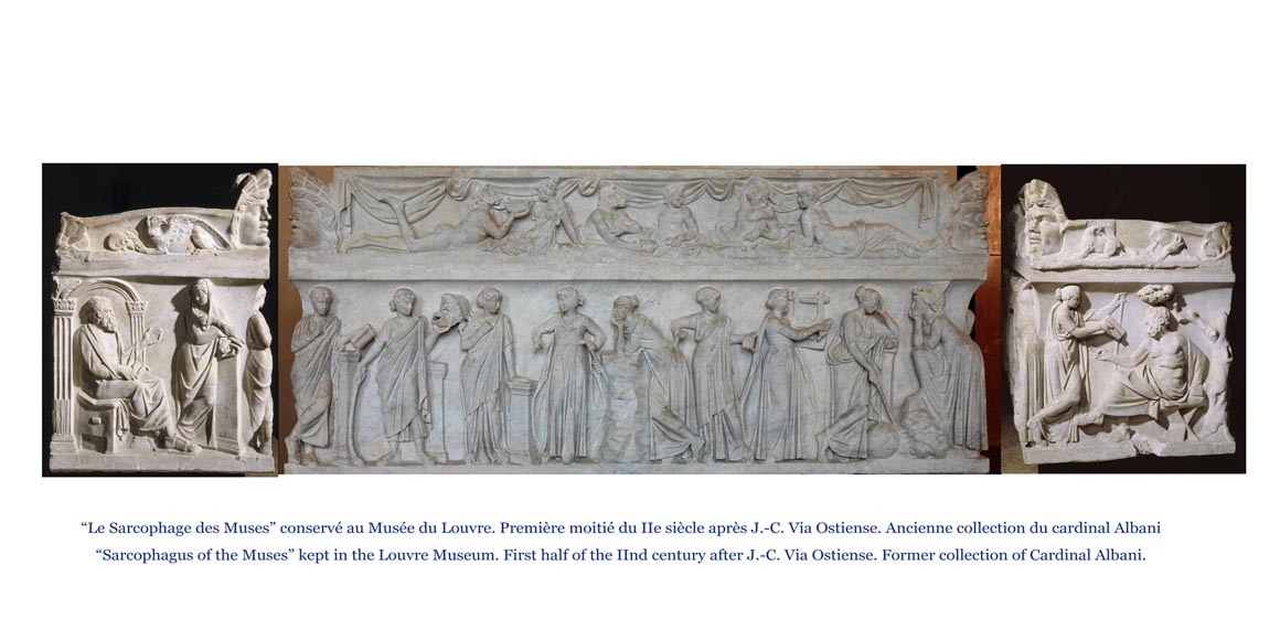 Exceptional antique late 18th century Statuary Carrara marble fireplace with a large frieze of figures after the ''Sarcophagus of Muses'' in the Louvre Museum-11