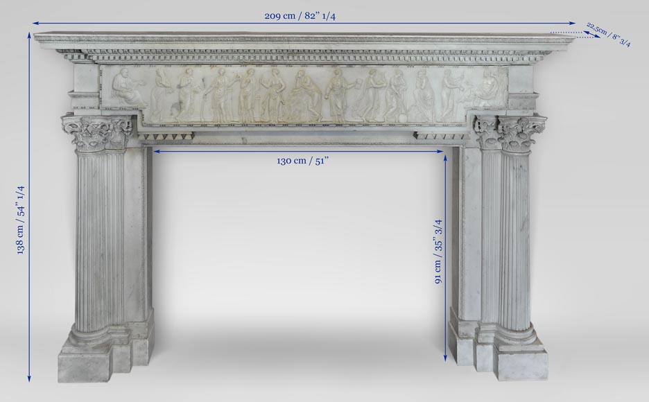 Exceptional antique late 18th century Statuary Carrara marble fireplace with a large frieze of figures after the ''Sarcophagus of Muses'' in the Louvre Museum-12
