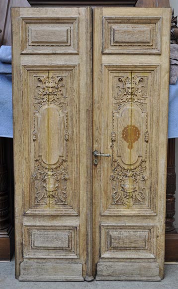 Carved oak wood double door with grotesque decor Carved oak wood double door with grotesque decor-0
