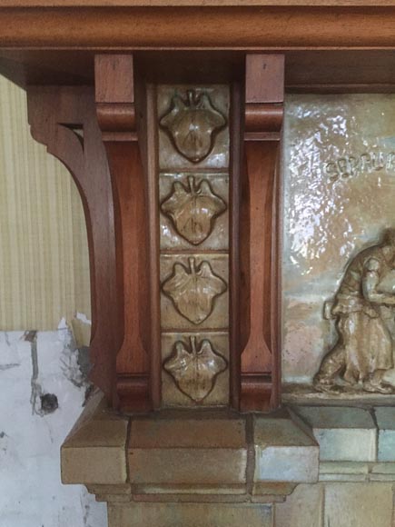 Beautiful antique Art Nouveau fireplace by Charles Gréber with workers' decorative frieze-7