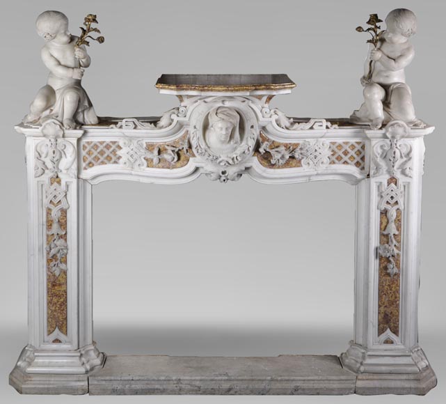 Exceptional antique late 18th century Statuary and Brocatelle marbles fireplace with putti Exceptional antique late 18th century Statuary and Brocatelle marbles fireplace with putti-0
