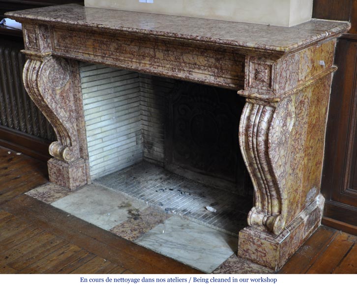 Beautiful antique fireplace in Louis Phillipe style carved out of Brocatelle marble Beautiful antique fireplace in Louis Phillipe style carved out of Brocatelle marble-7