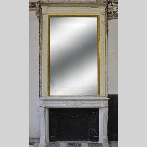 Large Louis XVI style fireplace in white Carrara marble with its cast iron insert and its overmantel mirror