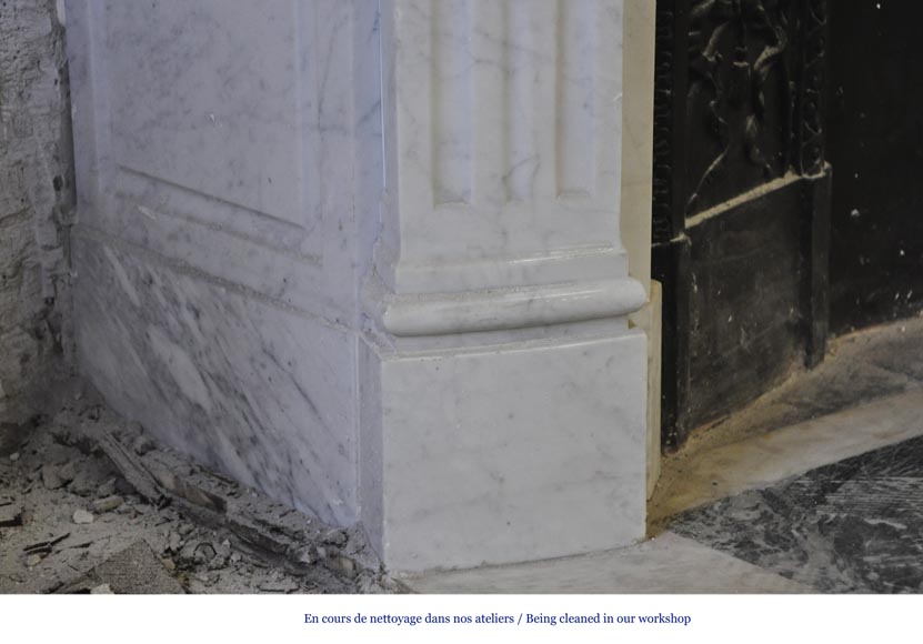 Large Louis XVI style fireplace in white Carrara marble with its cast iron insert and its overmantel mirror Large Louis XVI style fireplace in white Carrara marble with its cast iron insert and its overmantel mirror-6