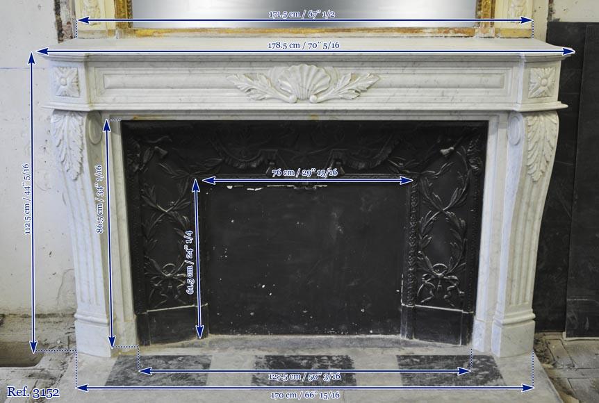 Large Louis XVI style fireplace in white Carrara marble with its cast iron insert and its overmantel mirror Large Louis XVI style fireplace in white Carrara marble with its cast iron insert and its overmantel mirror-18