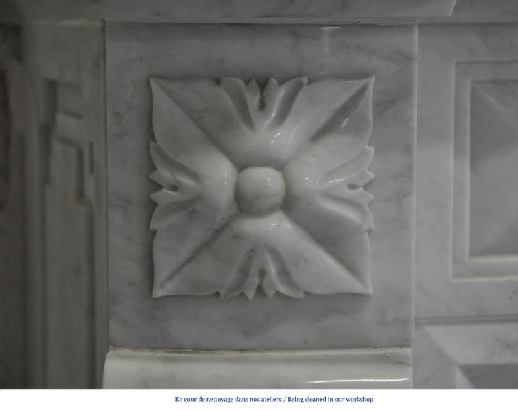 Large Louis XVI style fireplace in white Carrara marble with its cast iron insert and its overmantel mirror Large Louis XVI style fireplace in white Carrara marble with its cast iron insert and its overmantel mirror-4