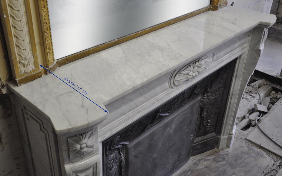 Large Louis XVI style fireplace in white Carrara marble with its cast iron insert and its overmantel mirror Large Louis XVI style fireplace in white Carrara marble with its cast iron insert and its overmantel mirror-16